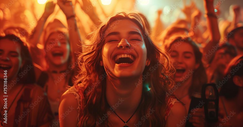 young crowd in concert, laughing and taking pictures cheer power concept young crowd in concert, laughing and taking pictures cheer power concept
