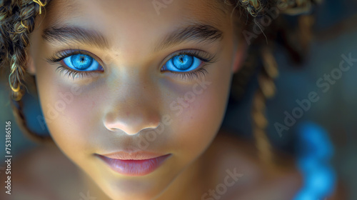 Face of Latino beautiful small girl with blue eyes. Natural child beauty concept. Selective focus. Copy space. 
