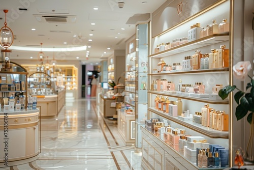 Many shelves in a store are stocked with numerous bottles of perfume in various shapes, sizes, and scents. The bottles are neatly arranged, creating a visually appealing display photo