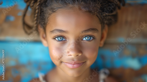 Smiling beautiful little girl with blue eyes on colourful background. Natural child beauty. Selective focus. Copy space.