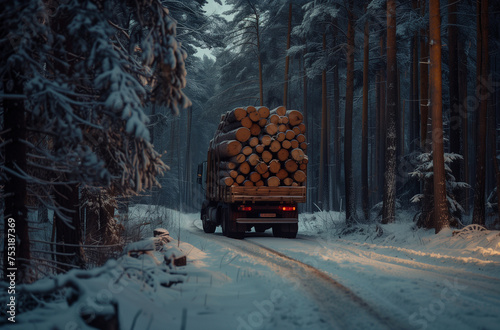 A stack of wooden logs in big trailer vehicle in forest
