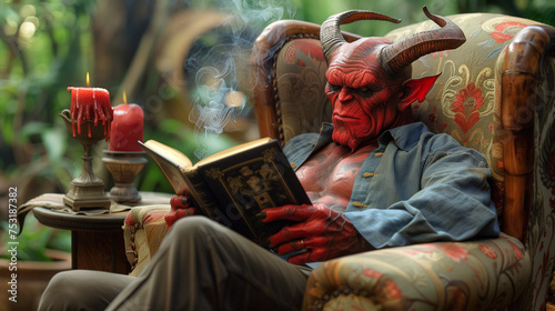 A red devil in a human body reading a book of black magic sitting in a chair with red candles.  photo