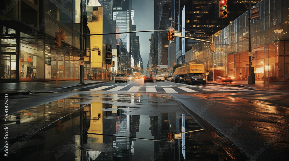 Obraz premium Urban Street Night Reflection. Generative AI