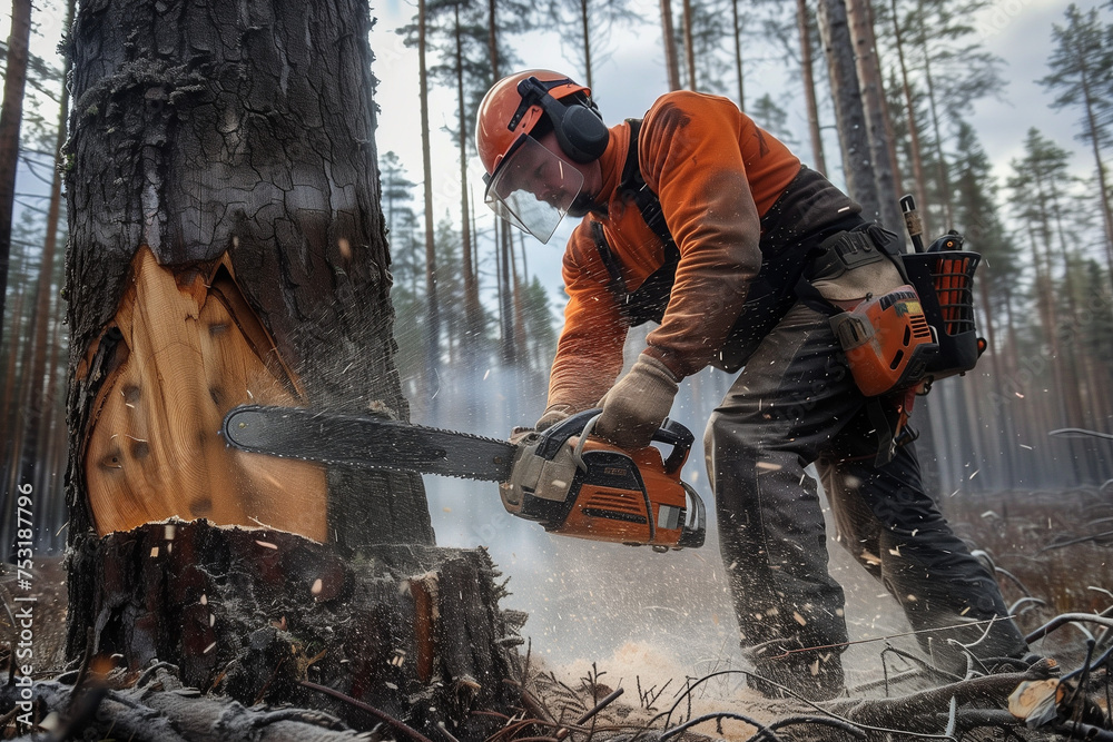 Man holding a chainsaw and cut trees. Lumberjack at work wears orange personal protective equipment Man holding a chainsaw and cut trees. Lumberjack at work wears orange personal protective equipment
