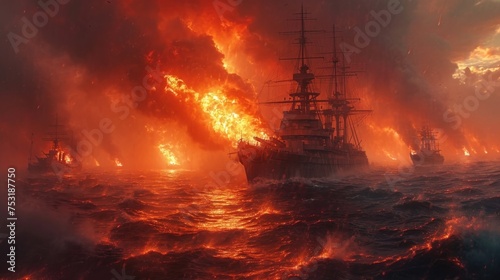 grand sailing ship is engulfed in flames amidst a dramatic battle on the high seas under a fiery sky
