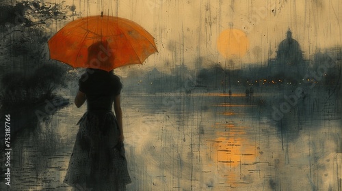 Solitary Figure with Orange Umbrella Overlooking Sunset Cityscape