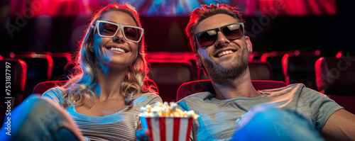 couple in love at the cinema. man and woman enjoying watching movies in the cinema with 3D glasses and popcorn