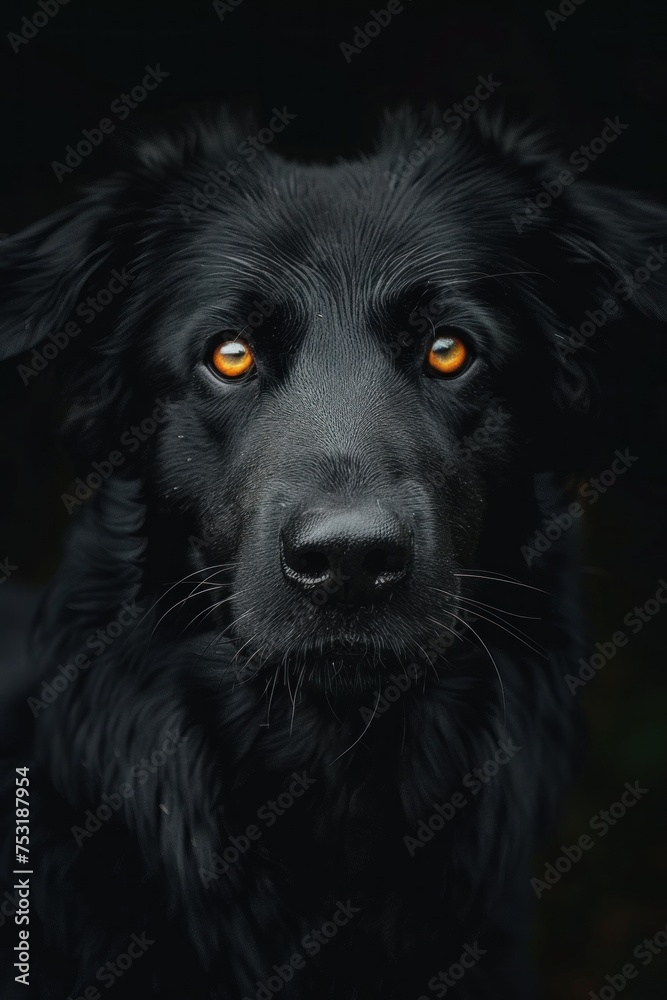 Fototapeta premium A close-up view of a black dog with striking orange eyes looking directly at the camera. The glossy black fur of the dog contrasts with the vivid orange of its eyes, creating a captivating image