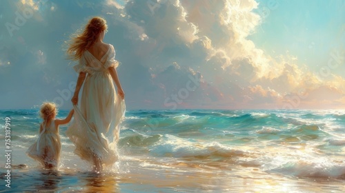 Sunset Stroll: Mother and Daughter by the Sea