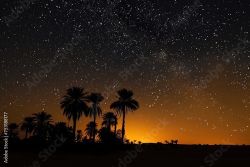 A clear night sky with numerous stars shining brightly above tall palm trees. The trees sway gently in the breeze as the stars twinkle overhead, creating a serene and peaceful scene © lublubachka