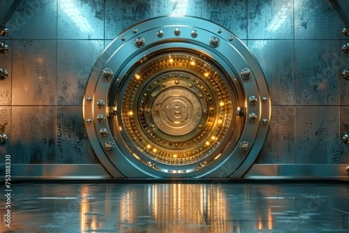  a close-up view of the heavy-duty circle-shaped door of a bank vault, with its solid metal construction and intricate locking mechanism conveying the formidable security of the enclosure