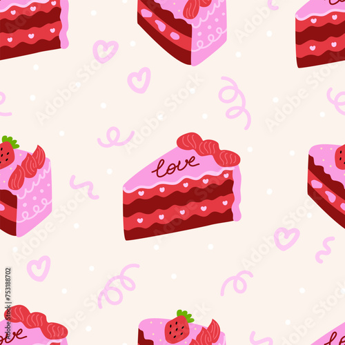 Seamless pattern of pink pieces of cakes with lettering love. Vector flat background. Birthday holiday concept. Red velvet bento cake