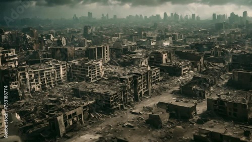 view of the destroyed town, destroyed city, destroyed building, collapsed city