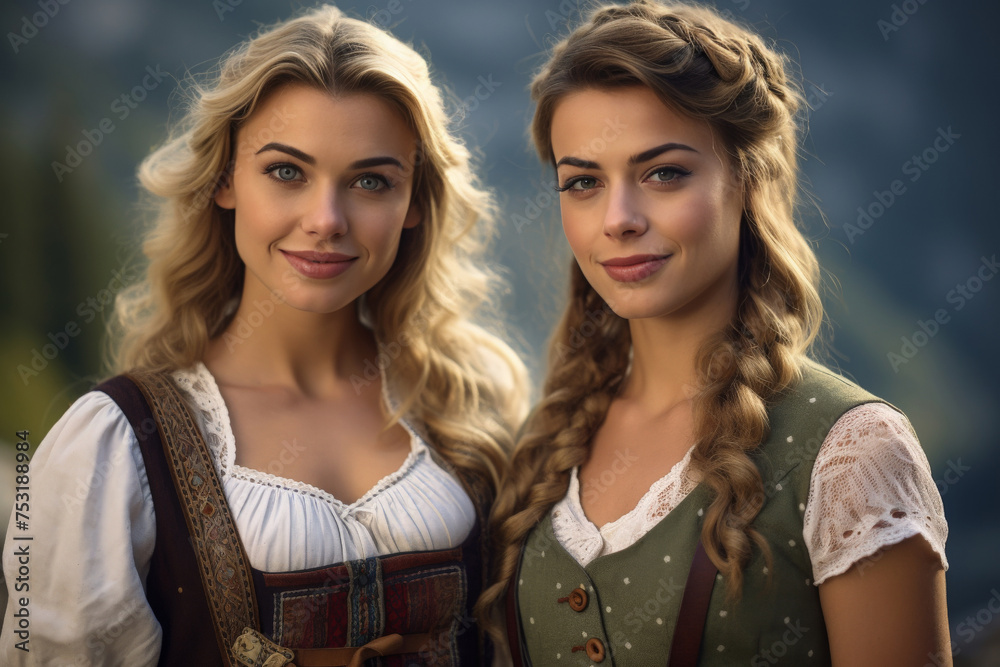 Fototapeta premium Two female Bavarians in Dirndl attire celebrate the Oktoberfest beer festival.