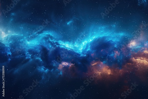 The image showcases a vast space filled with stars, dominated by the colors blue and orange. Countless stars twinkle against the backdrop, creating a mesmerizing and otherworldly scene