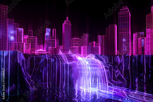 Neon futuristic waterfall isotated on black background.