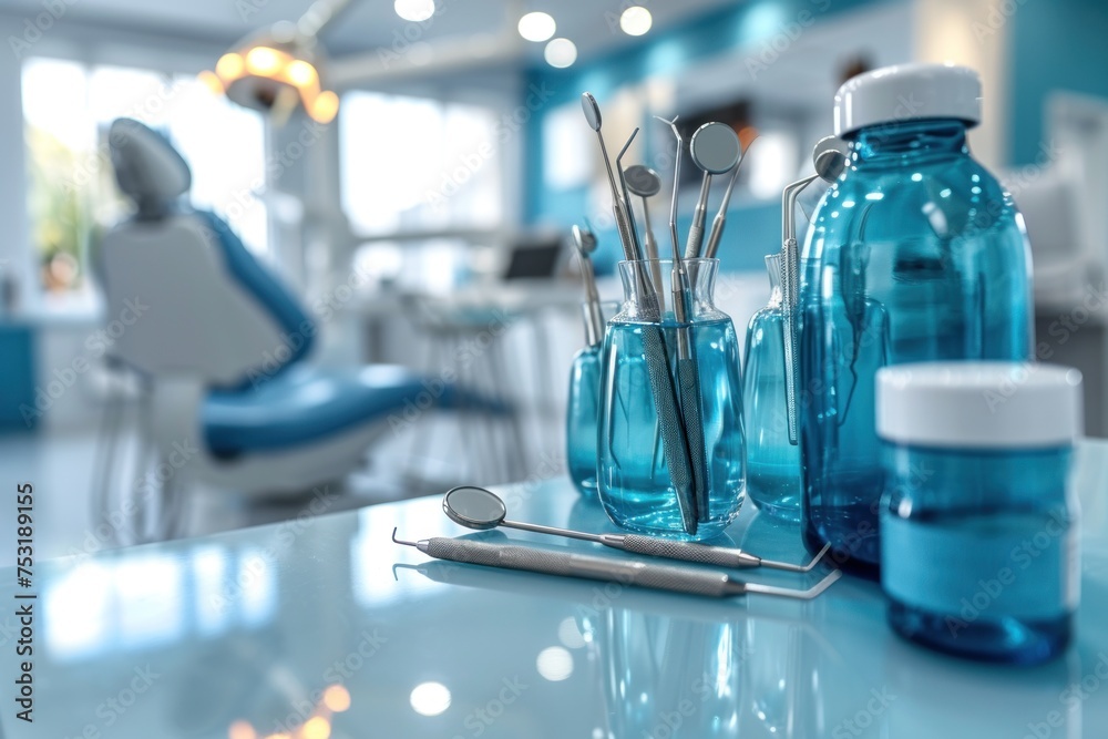 A table in a modern dental office is neatly arranged with blue bottles filled with toothbrushes for patients to use. A table in a modern dental office is neatly arranged with blue bottles filled with toothbrushes for patients to use.