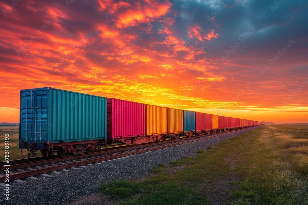 Fototapeta premium Wagon of freight train with containers on the sky background