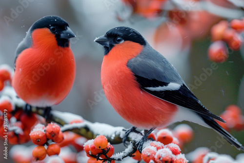 Two bullfinch bird sits on a bunch of red rowan berries