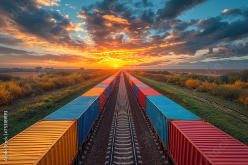Wagon of freight train with containers on the sky background photo