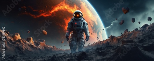 Astronaut walking in space exploring universe planets and space life  banner. Generative Ai.