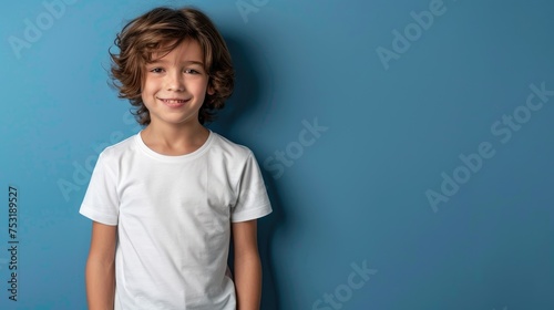 Obraz na płótnie male child boy wearing bella canvas white shirt mockup at blue background design tshirt template print presentation mock up w salonie