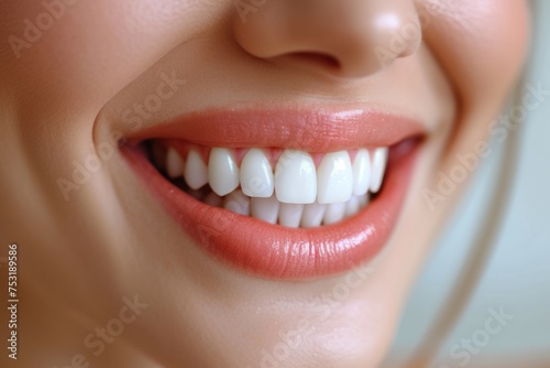 Close-up of a smiling woman showcasing her brilliant white teeth after a dental procedure