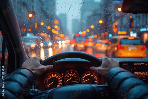 Close-up of a taxi driver's hands on the wheel navigating busy traffic.