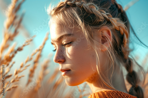 portrait of beautiful pretty young girl with braid hairstyle wearing vintage orange sweater © Ekaterina Shvaygert