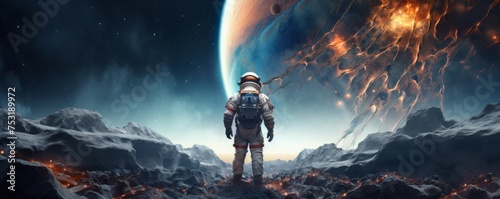 Astronaut walking in space exploring universe planets and space life, banner. Generative Ai.