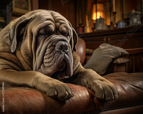 Mastino Neapolitano is relaxing on the couch at home. a giant breed of dog. photo