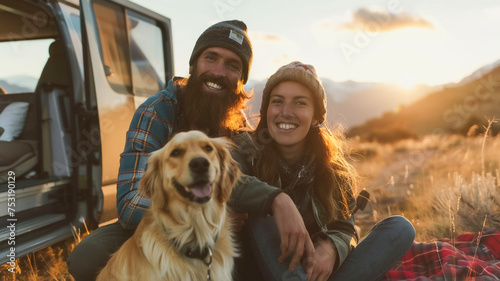 Couple going camping with pet travel by van with beautiful sunset .