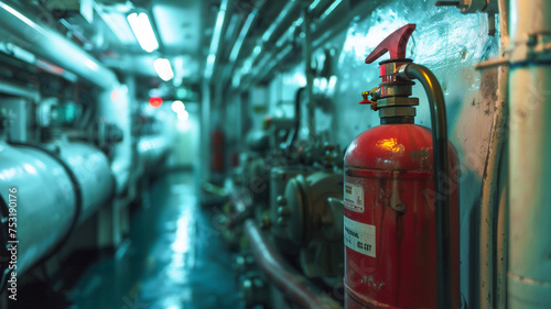 fire extinguisher in corridor of cargo ship engine room .