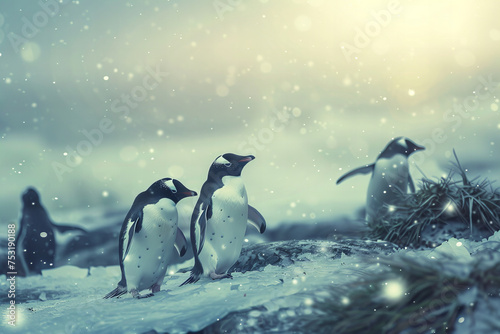 Frosted Wonderland: Penguins Embrace the Sparkling Snowfall Winter Banner