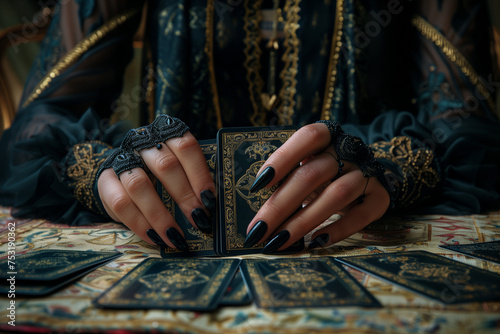 Fortune teller in dark clothes and black nails holding tarot cards deck