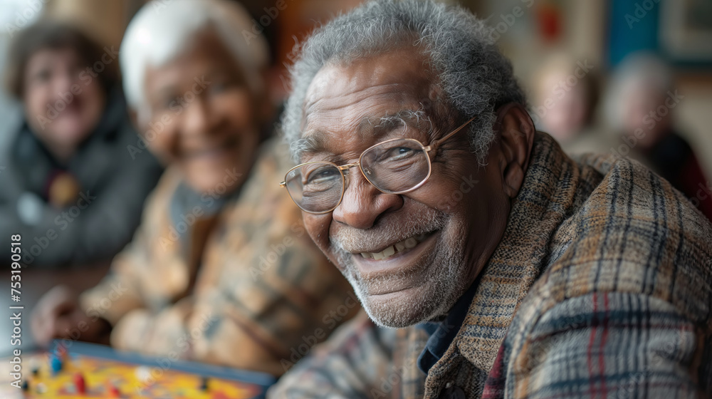 Multiracial seniors having fun during board game in geriatric clinic or nursing home Multiracial seniors having fun during board game in geriatric clinic or nursing home