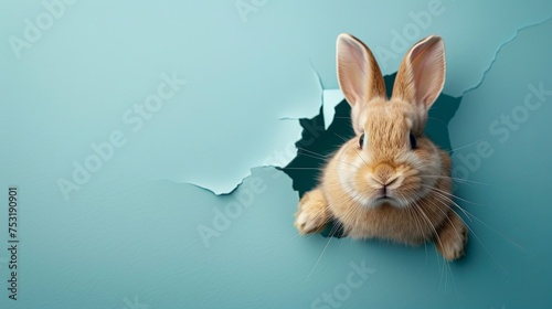 Easter bunny peeking out of paper, blue background with space for text