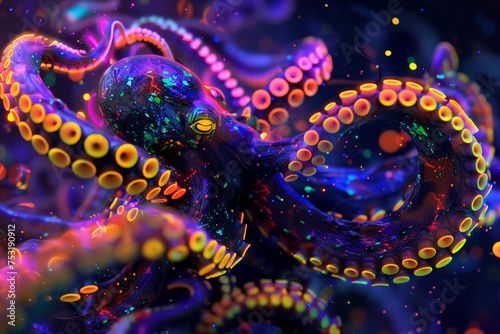 Octopus with luminous by neon lights tentacles