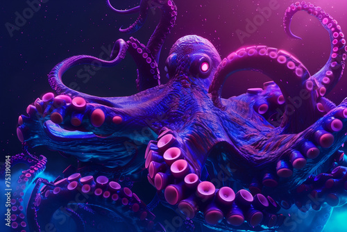 Anger octopus with luminous by neon lights tentacles