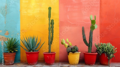 beautiful cacti in colored pots on a multi-colored wall background © Nastya