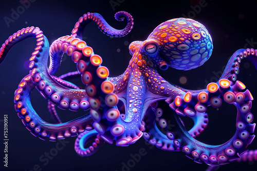 Octopus with luminous by neon lights tentacles