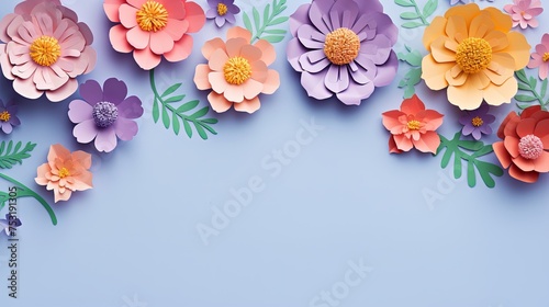 Pink and purple Paper flowers on blue background with copy space. Abstract natural floral layout. Wedding invitation. International Women day, Mother Day concept