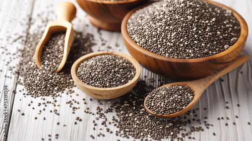 Chia seeds laid out on a plate against a white isolated background