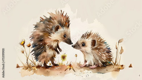Charming watercolor artwork showcasing an endearing scene with a affectionate mother hedgehog and her adorable offspring photo