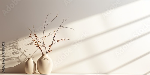 Contemporary beige vase with branch and shadow, on white table in minimalist interior.
