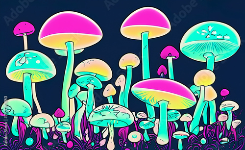 abstract cartoon style crazy fluorescent mushrooms created with generative ai technology. High quality illustration photo