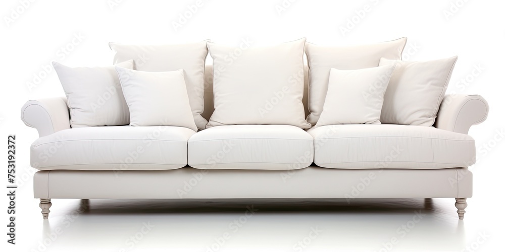 Obraz premium White fabric sofa on metal legs with pillows isolated on white, part of a furniture collection.