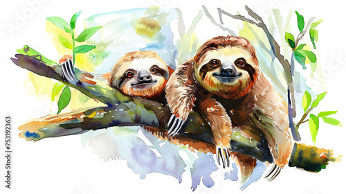 Cute mother and baby sloths drawn in watercolor