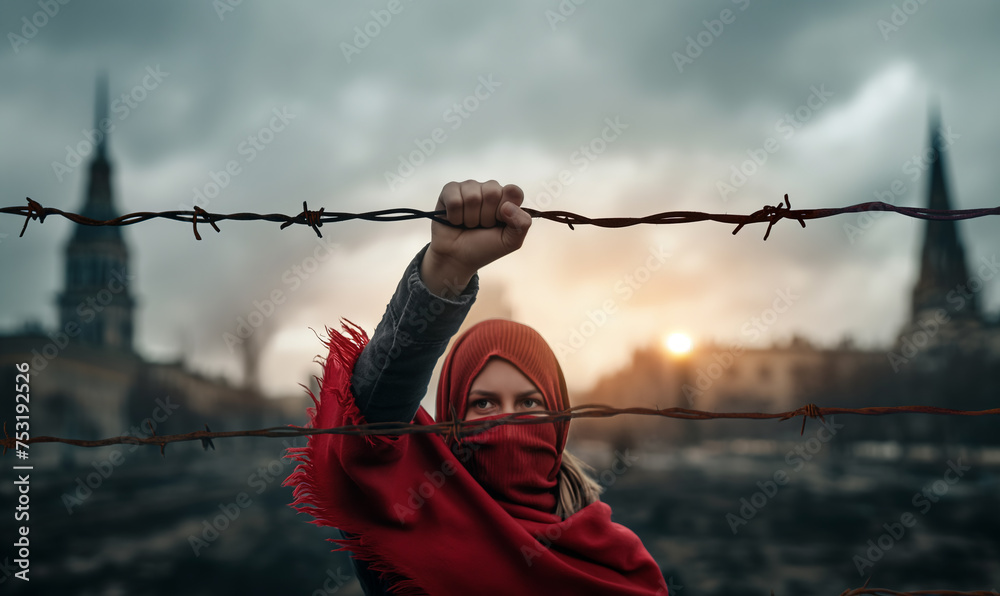Fototapeta premium Standing against oppression concept with masked woman grabbing barbwire, opposition and standing up against tyranny