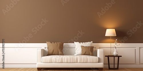 Brown wall, decorative corner, white door, frame lamp, sofa decoration.